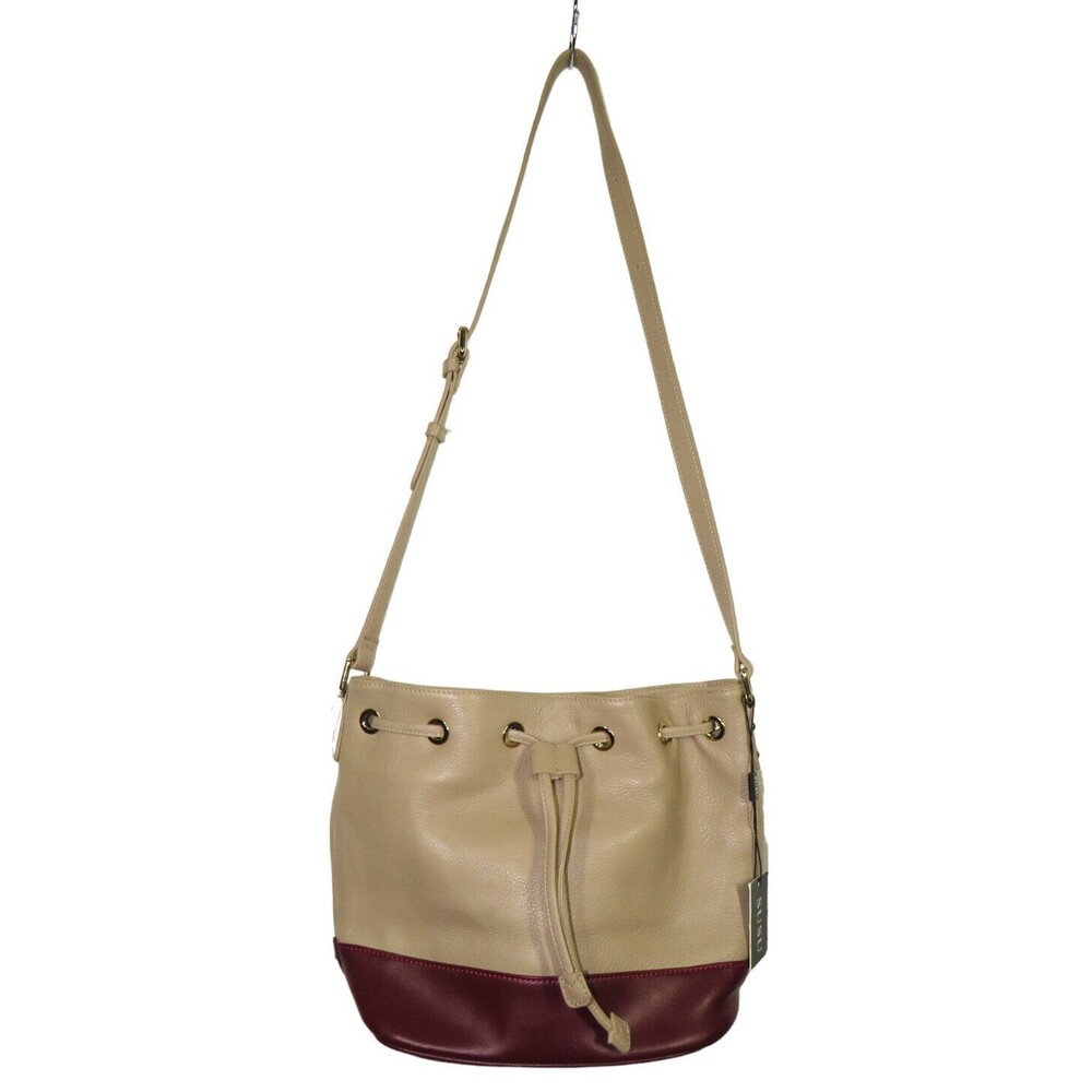 SUSU Leather Bucket Bag Beige Wine Crossbody Shoulder Bag